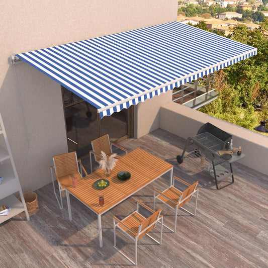 Manuaalisesti sisäänkelattava markiisi 600x350 cm sinivalkoinen - Sisustajankoti.fi