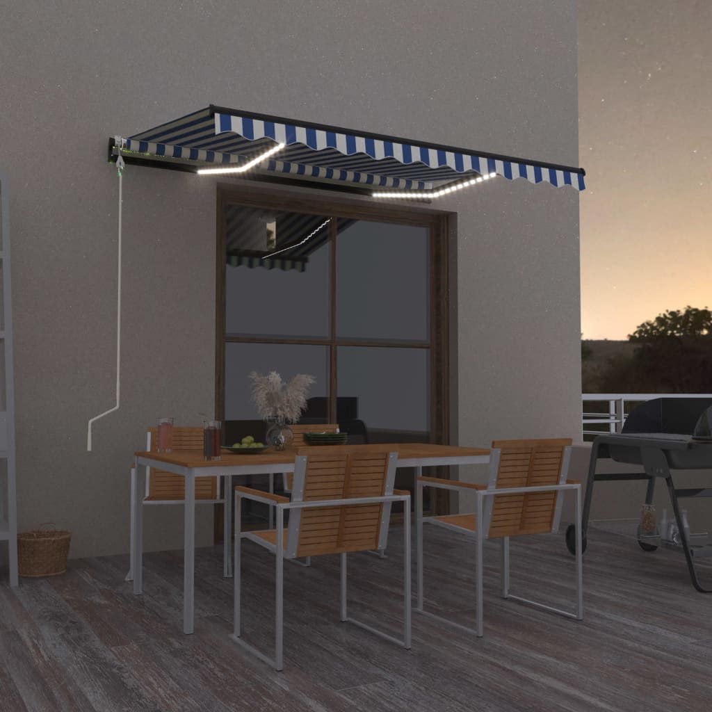 Sisäänkelattava markiisi LED/tuulisensori 300x250 cm sinivalk. - Sisustajankoti.fi