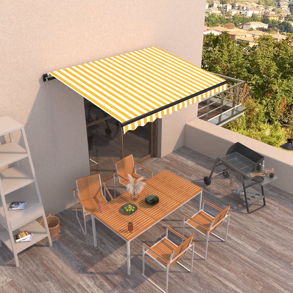 Manuaalisesti sisäänkelattava markiisi 350x250cm keltavalkoinen - Sisustajankoti.fi