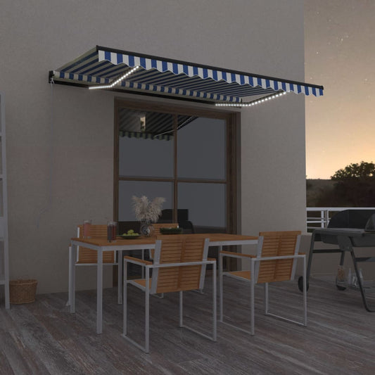 Sisäänkelattava markiisi LEDillä 450x300cm sininen ja valkoinen - Sisustajankoti.fi