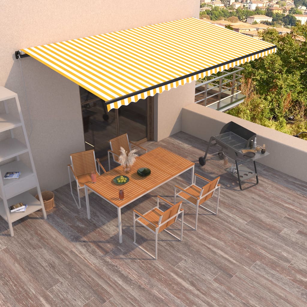 Manuaalisesti sisäänkelattava markiisi 600x350cm keltavalkoinen - Sisustajankoti.fi
