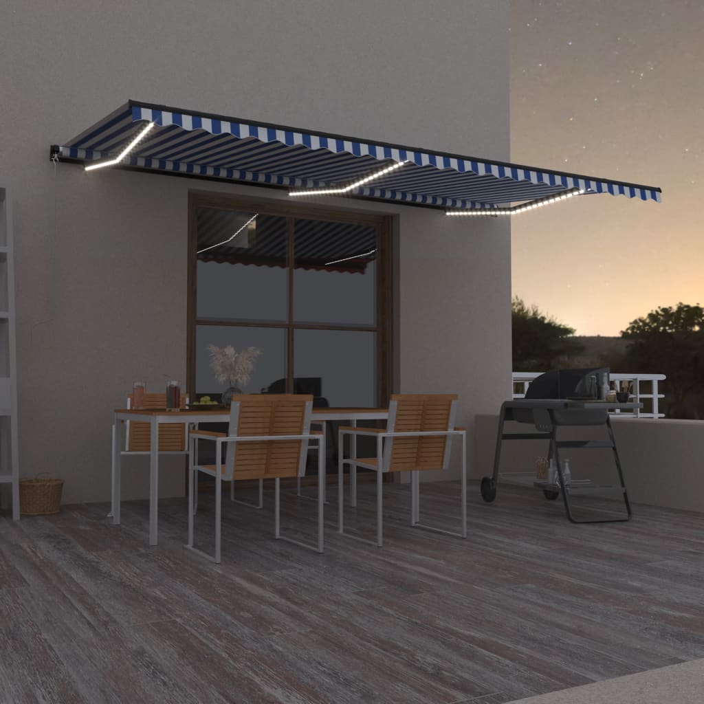 Sisäänkelattava markiisi LEDillä 600x350 cm sinivalkoinen - Sisustajankoti.fi