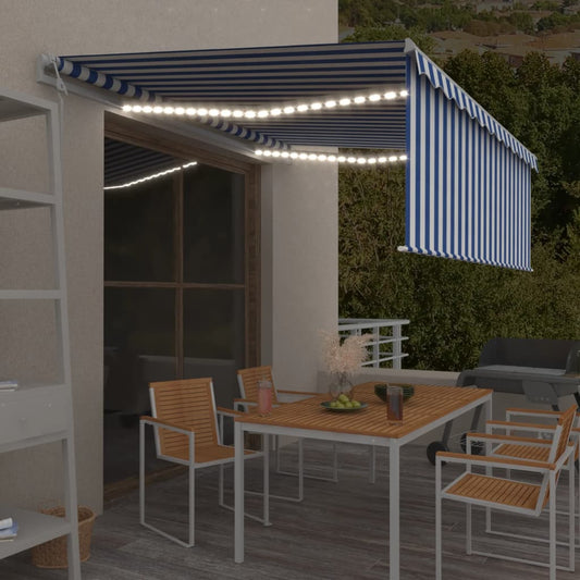 Sisäänkelattava markiisi verho/LED/tuulisens. 4x3 m sinivalk. - Sisustajankoti.fi