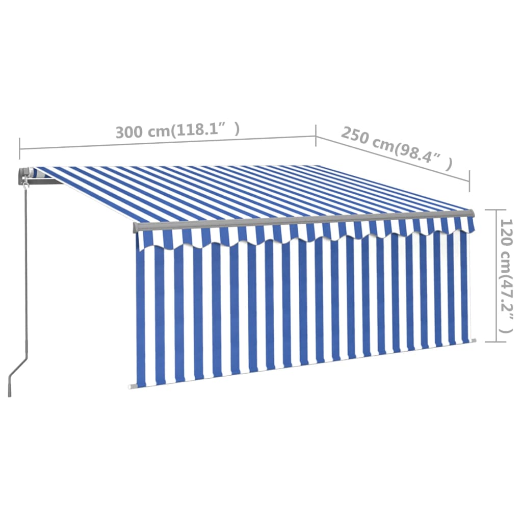 Manuaalisesti kelattava markiisi verho/LED 3x2,5m sinivalkoinen - Sisustajankoti.fi