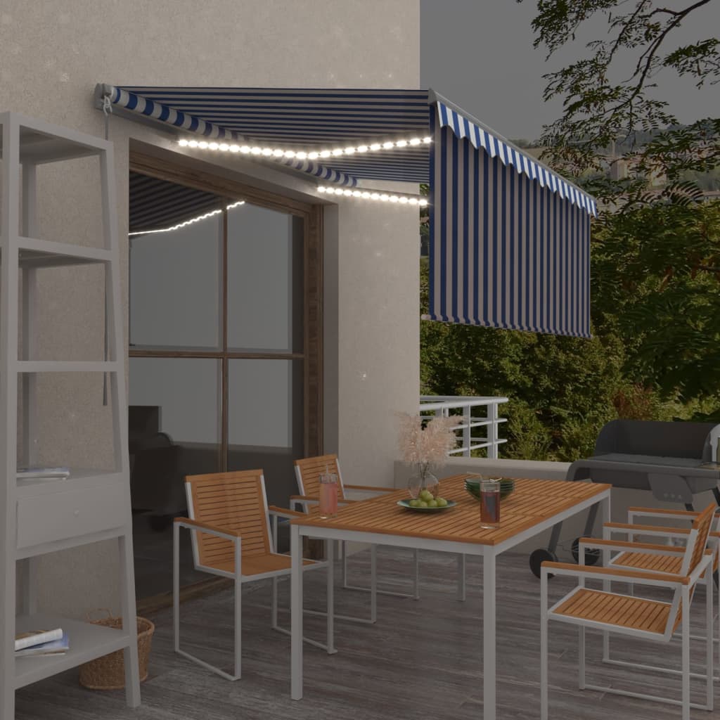 Manuaalisesti kelattava markiisi verho/LED 3x2,5m sinivalkoinen - Sisustajankoti.fi