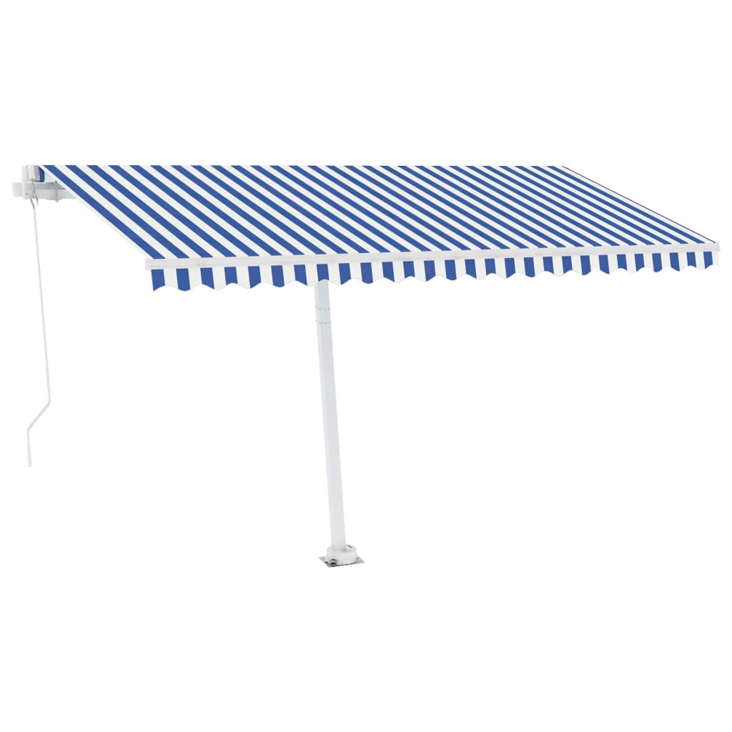 Käsin sisäänkelattava markiisi LEDillä 450x350 cm sinivalkoinen - Sisustajankoti.fi