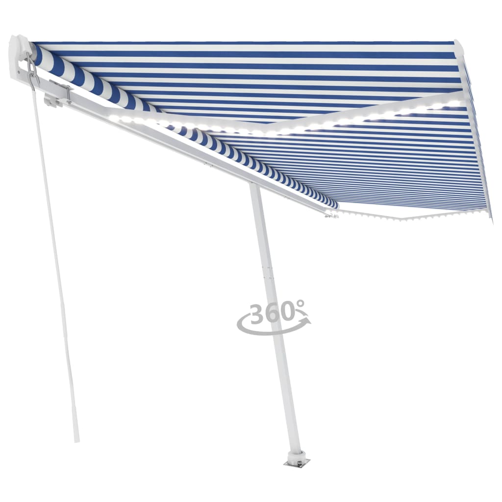 Käsin sisäänkelattava markiisi LEDillä 500x350cm sinivalkoinen - Sisustajankoti.fi