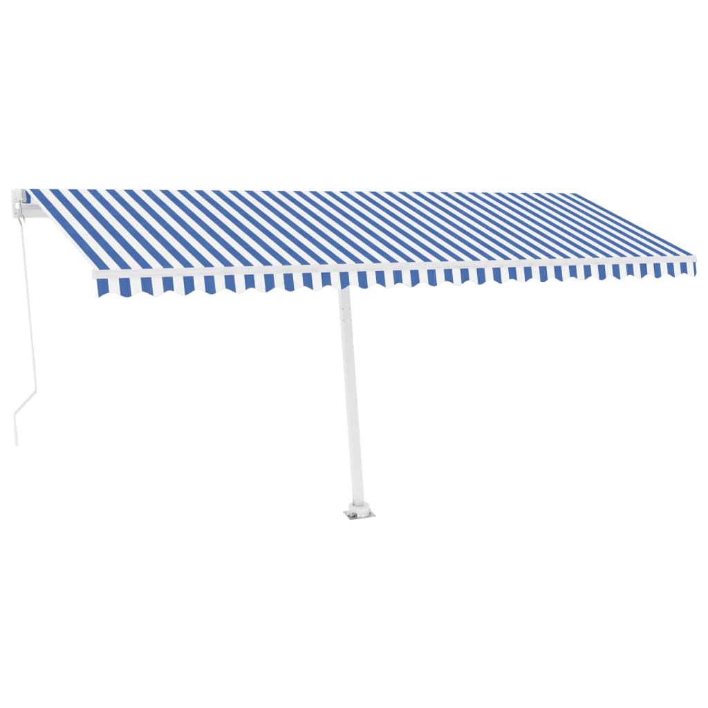 Käsin sisäänkelattava markiisi LEDillä 500x350cm sinivalkoinen - Sisustajankoti.fi