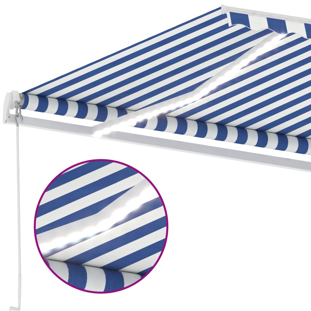 Käsin sisäänkelattava markiisi LEDillä 500x350cm sinivalkoinen - Sisustajankoti.fi