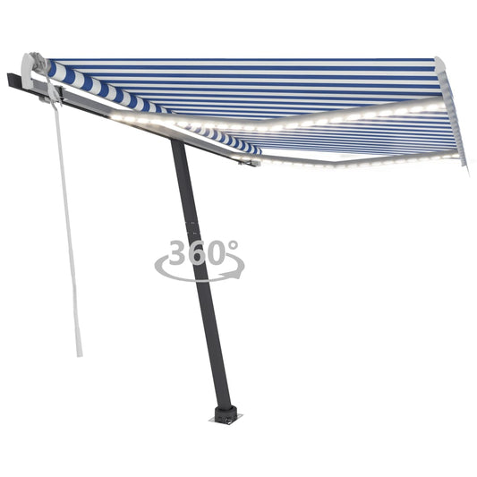 Käsin sisäänkelattava markiisi LEDillä 300x250 cm sinivalkoinen - Sisustajankoti.fi