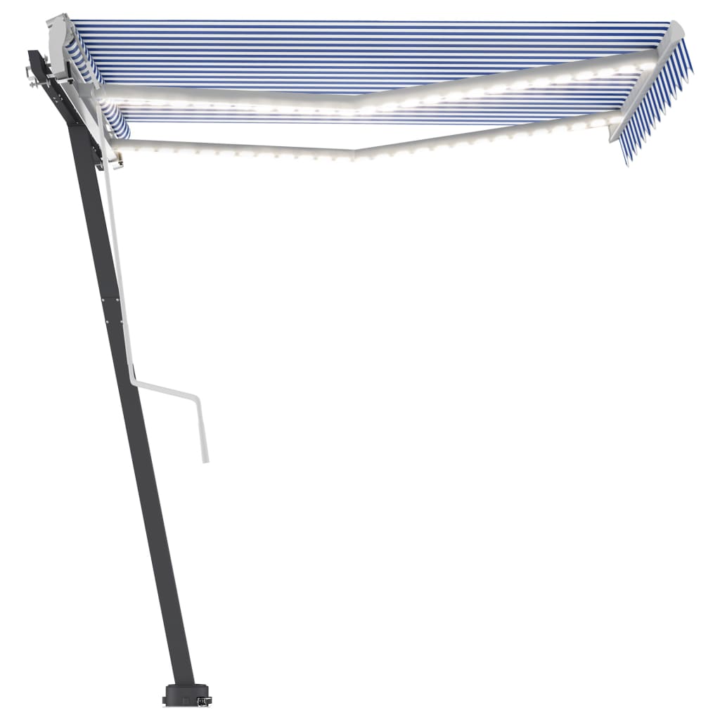 Käsin sisäänkelattava markiisi LEDillä 300x250 cm sinivalkoinen - Sisustajankoti.fi