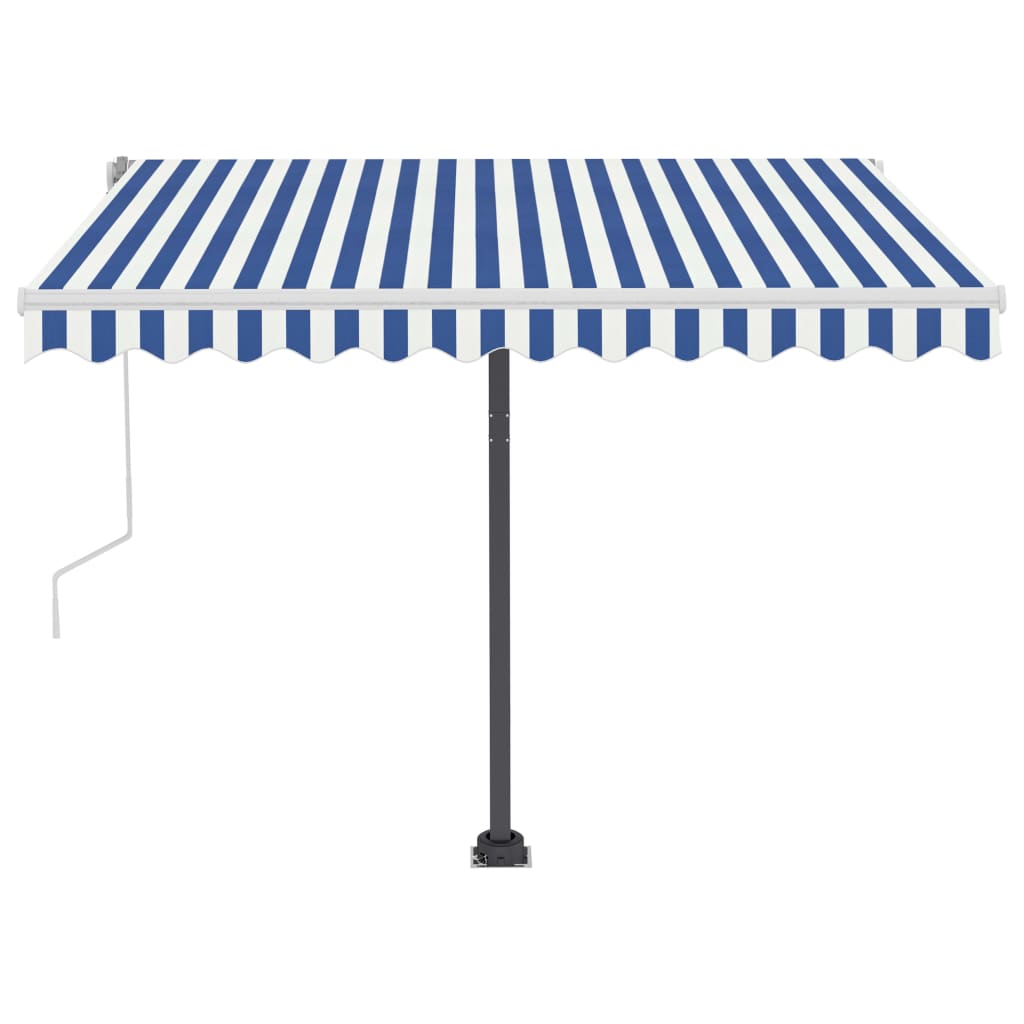 Käsin sisäänkelattava markiisi LEDillä 350x250cm sinivalkoinen - Sisustajankoti.fi