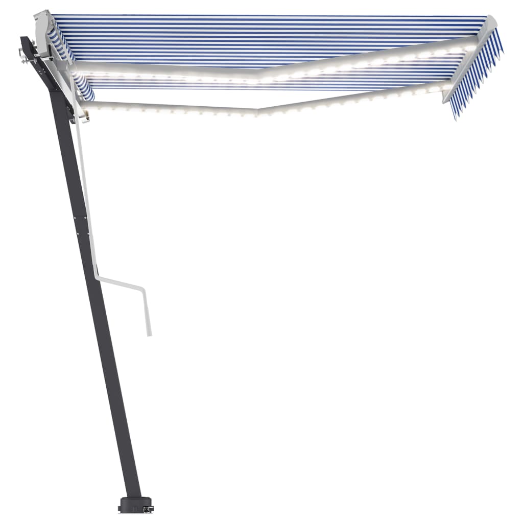 Käsin sisäänkelattava markiisi LEDillä 350x250cm sinivalkoinen - Sisustajankoti.fi