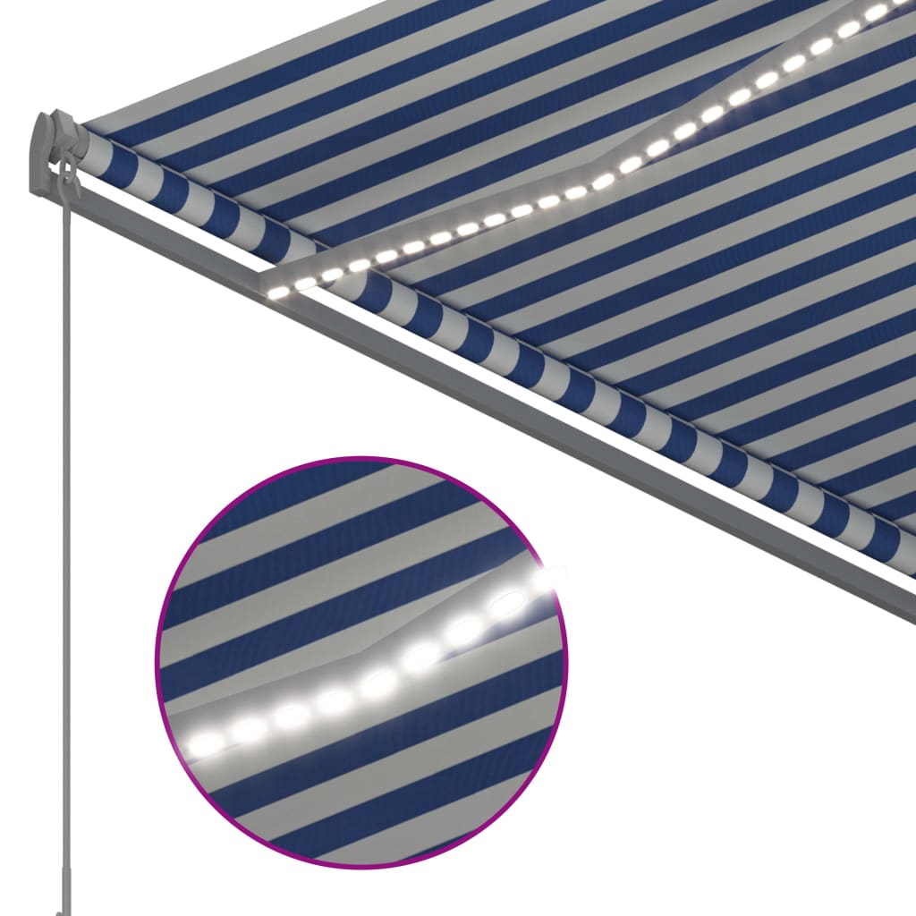 Manuaalisesti kelattava markiisi LED-valot 3x2,5m sinivalkoinen - Sisustajankoti.fi