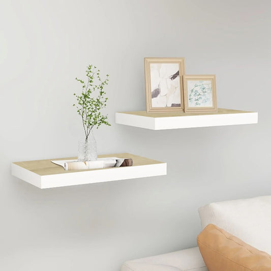 Kelluvat seinähyllyt 2 kpl tammi ja valkoinen 50x23x3,8 cm MDF - Sisustajankoti.fi