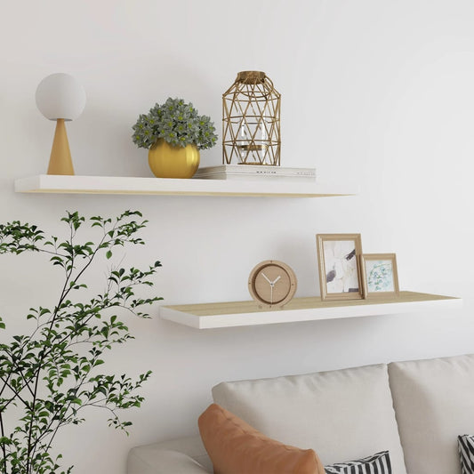 Kelluvat seinähyllyt 2 kpl tammi ja valkoinen 90x23,5x3,8 MDF - Sisustajankoti.fi