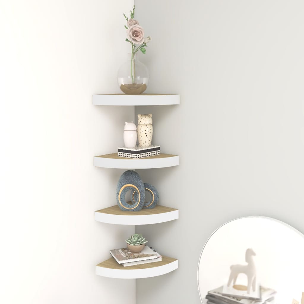 Seinäkulmahyllyt 4 kpl tammi ja valkoinen 25x25x3,8 cm MDF - Sisustajankoti.fi
