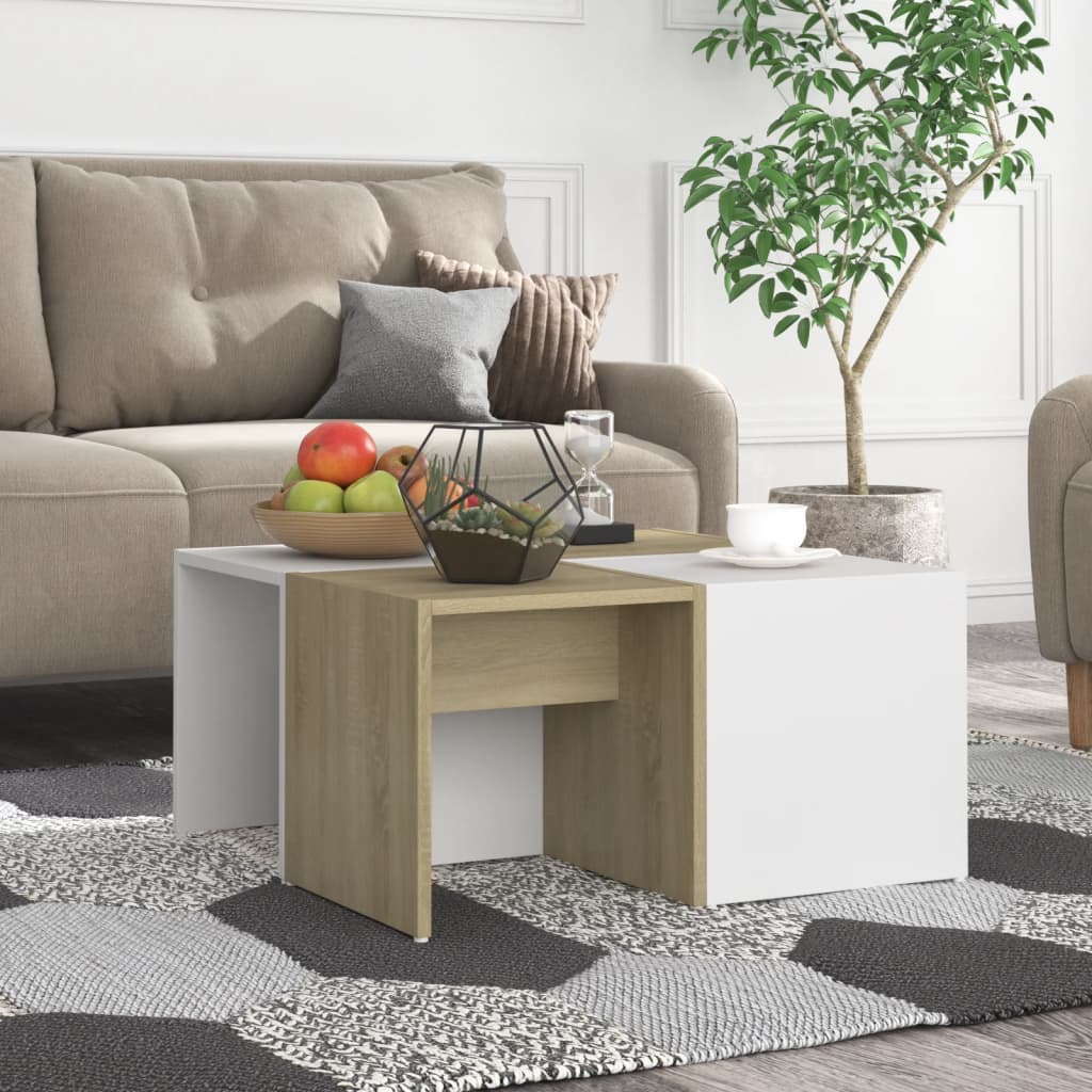 Sohvapöydät 4 kpl valk. ja Sonoma-tammi 33x33x33 cm lastulevy - Sisustajankoti.fi