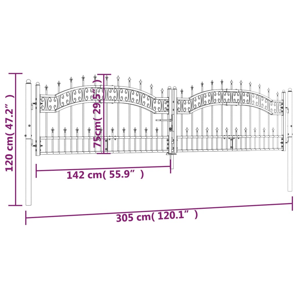 Puutarhaportti keihäskärjet musta 305x120cm jauhemaalattu teräs - Sisustajankoti.fi