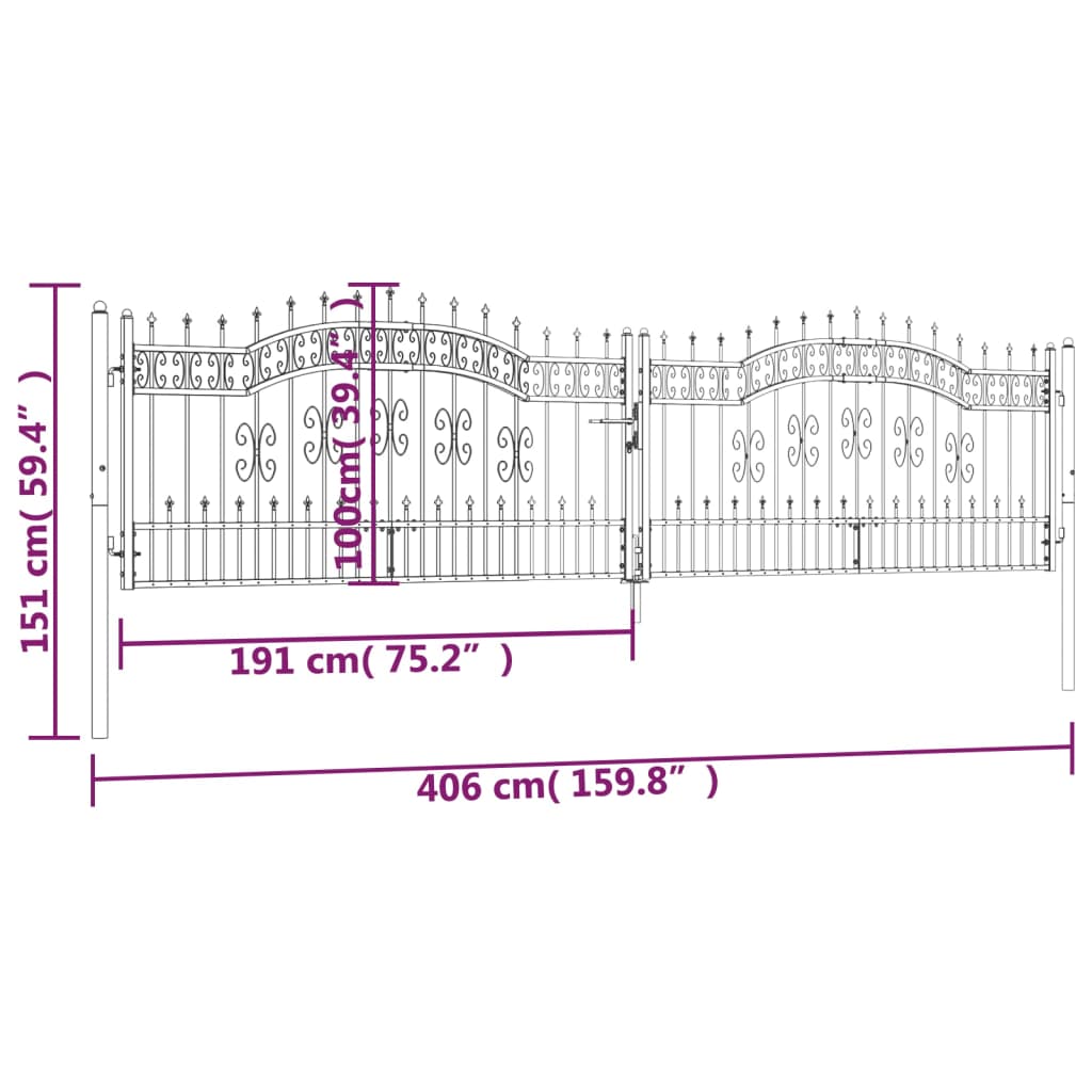 Puutarhaportti keihäskärjet musta 406x151cm jauhemaalattu teräs - Sisustajankoti.fi