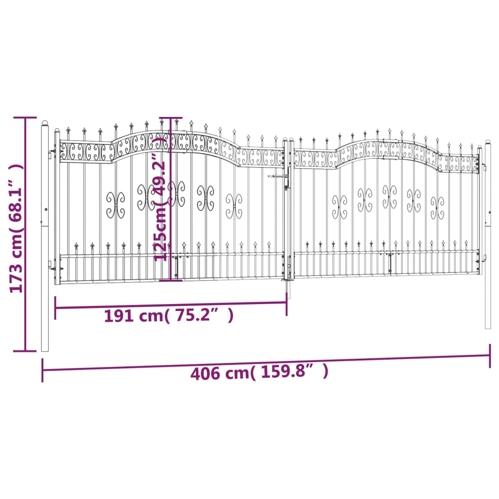 Puutarhaportti keihäskärjet musta 406x173cm jauhemaalattu teräs - Sisustajankoti.fi