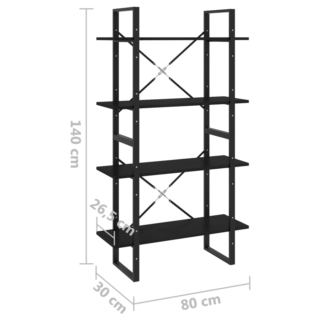 4-tasoinen kirjahylly musta 80x30x140 cm täysi mänty - Sisustajankoti.fi