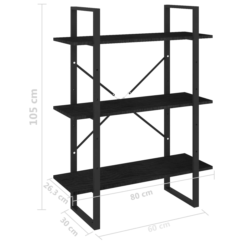 3-tasoinen kirjahylly musta 80x30x105 cm täysi mänty - Sisustajankoti.fi