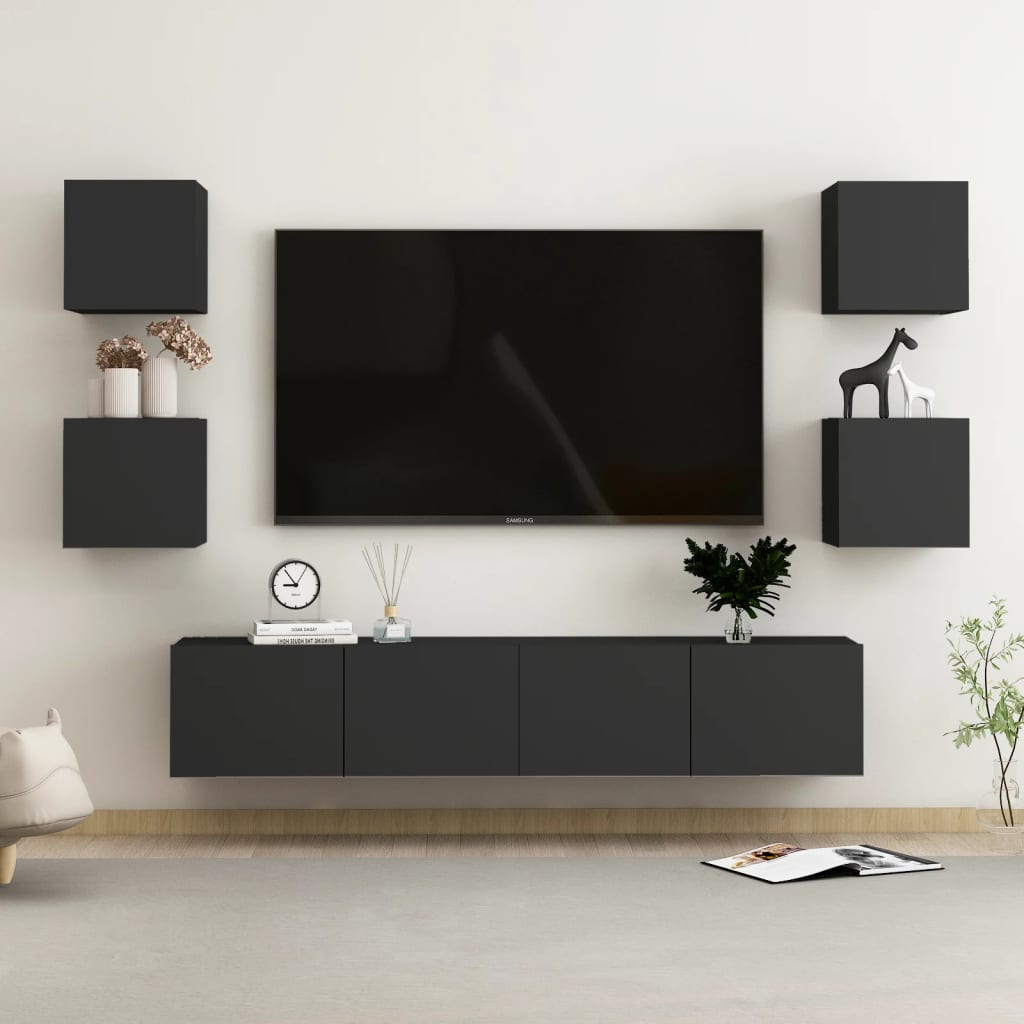 6-osainen TV-kaappisarja musta lastulevy - Sisustajankoti.fi