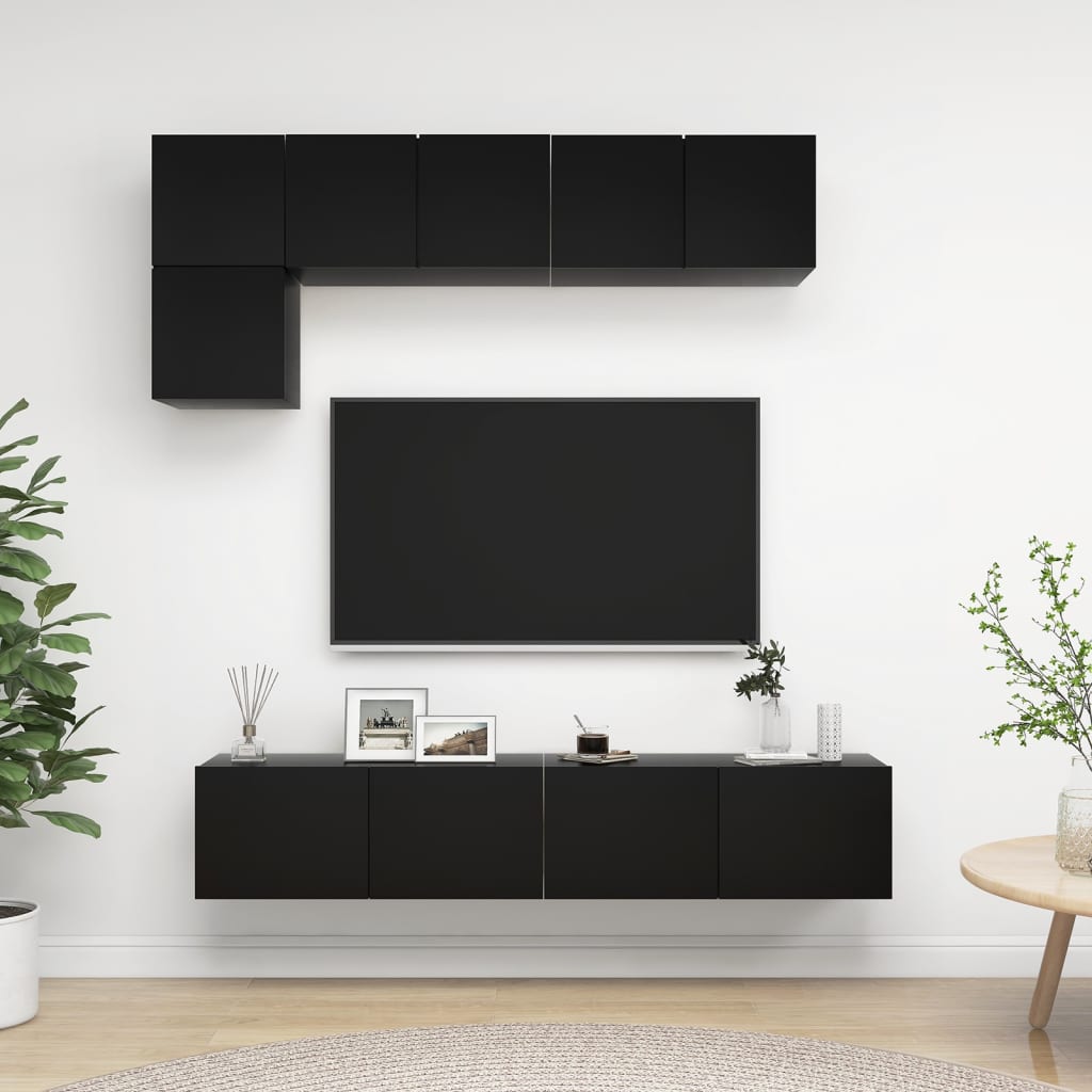5-osainen TV-kaappisarja musta lastulevy - Sisustajankoti.fi