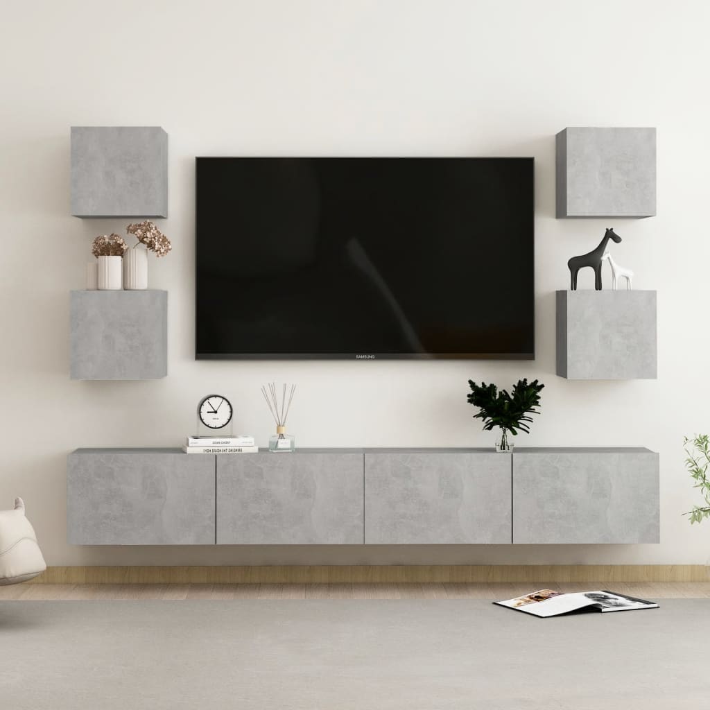 6-osainen TV-kaappisarja betoninharmaa lastulevy - Sisustajankoti.fi