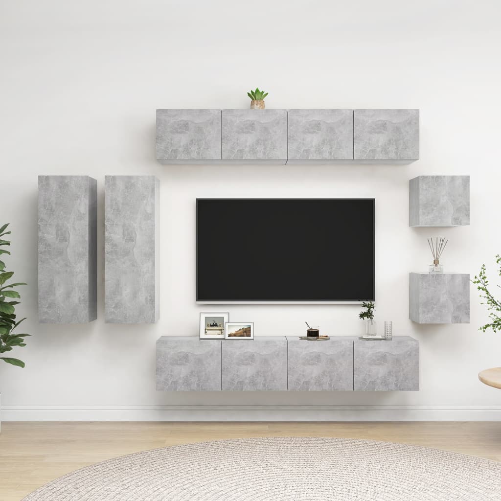 8-osainen TV-kaappisarja betoninharmaa lastulevy - Sisustajankoti.fi
