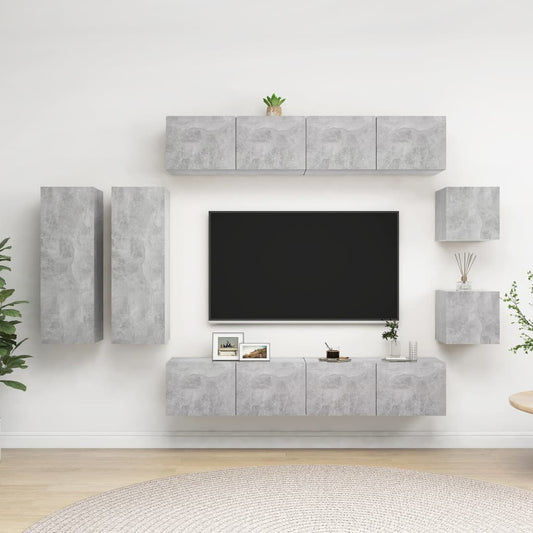 8-osainen TV-kaappisarja betoninharmaa lastulevy - Sisustajankoti.fi