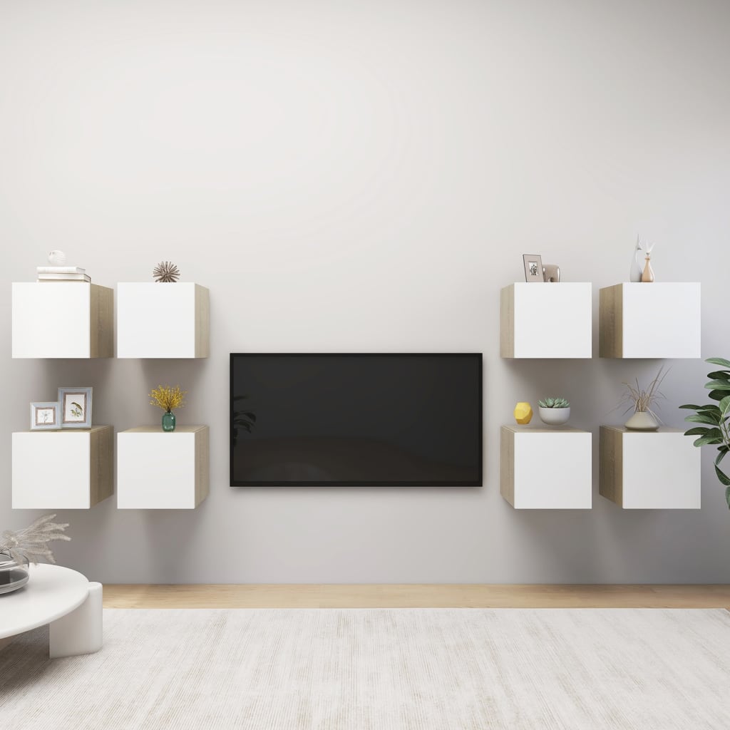 Seinäkiinnitettävät TV-tasot 8 kpl valkoinen/tammi 30,5x30x30cm - Sisustajankoti.fi