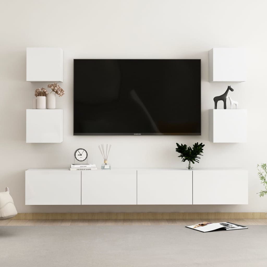 6-osainen TV-kaappisarja korkeakiilto valkoinen lastulevy - Sisustajankoti.fi