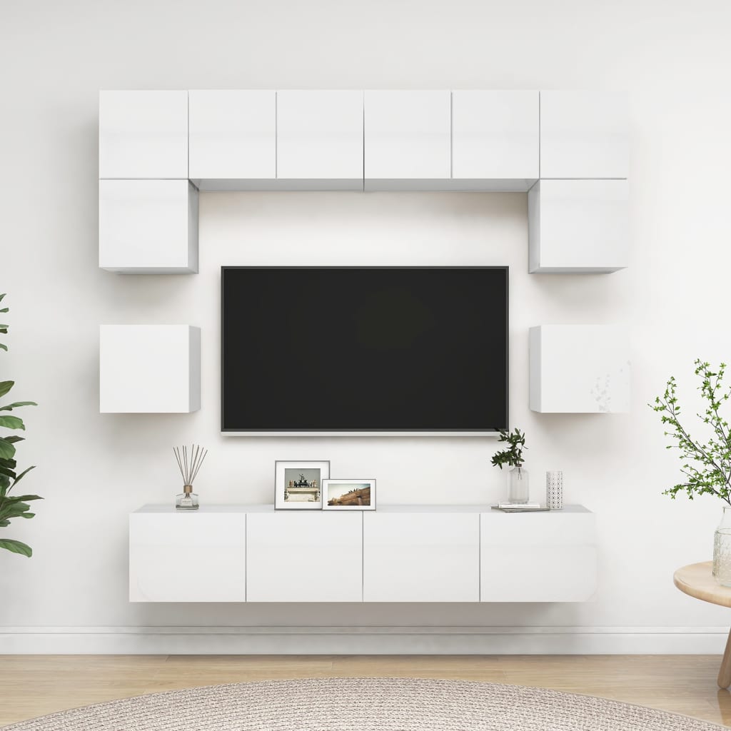 8-osainen TV-kaappisarja korkeakiilto valkoinen lastulevy - Sisustajankoti.fi