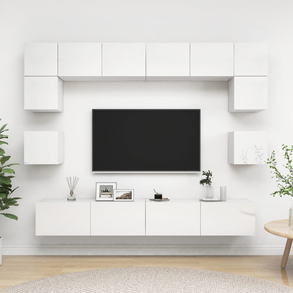 8-osainen TV-kaappisarja korkeakiilto valkoinen tekninen puu - Sisustajankoti.fi