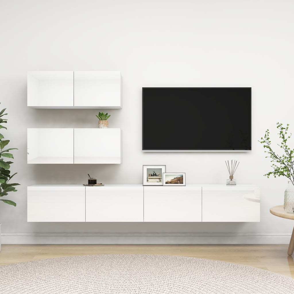 4-osainen TV-kaappisarja korkeakiilto valkoinen lastulevy - Sisustajankoti.fi