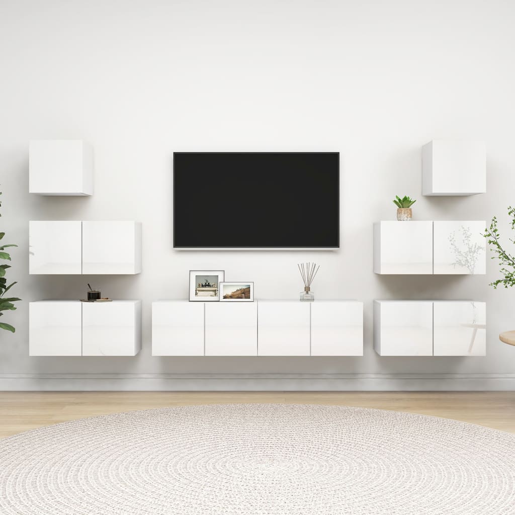 8-osainen TV-kaappisarja korkeakiilto valkoinen lastulevy - Sisustajankoti.fi