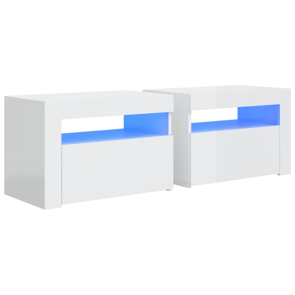Yöpöytä 2 kpl LED-valoilla korkeakiilto valkoinen 60x35x40 cm - Sisustajankoti.fi