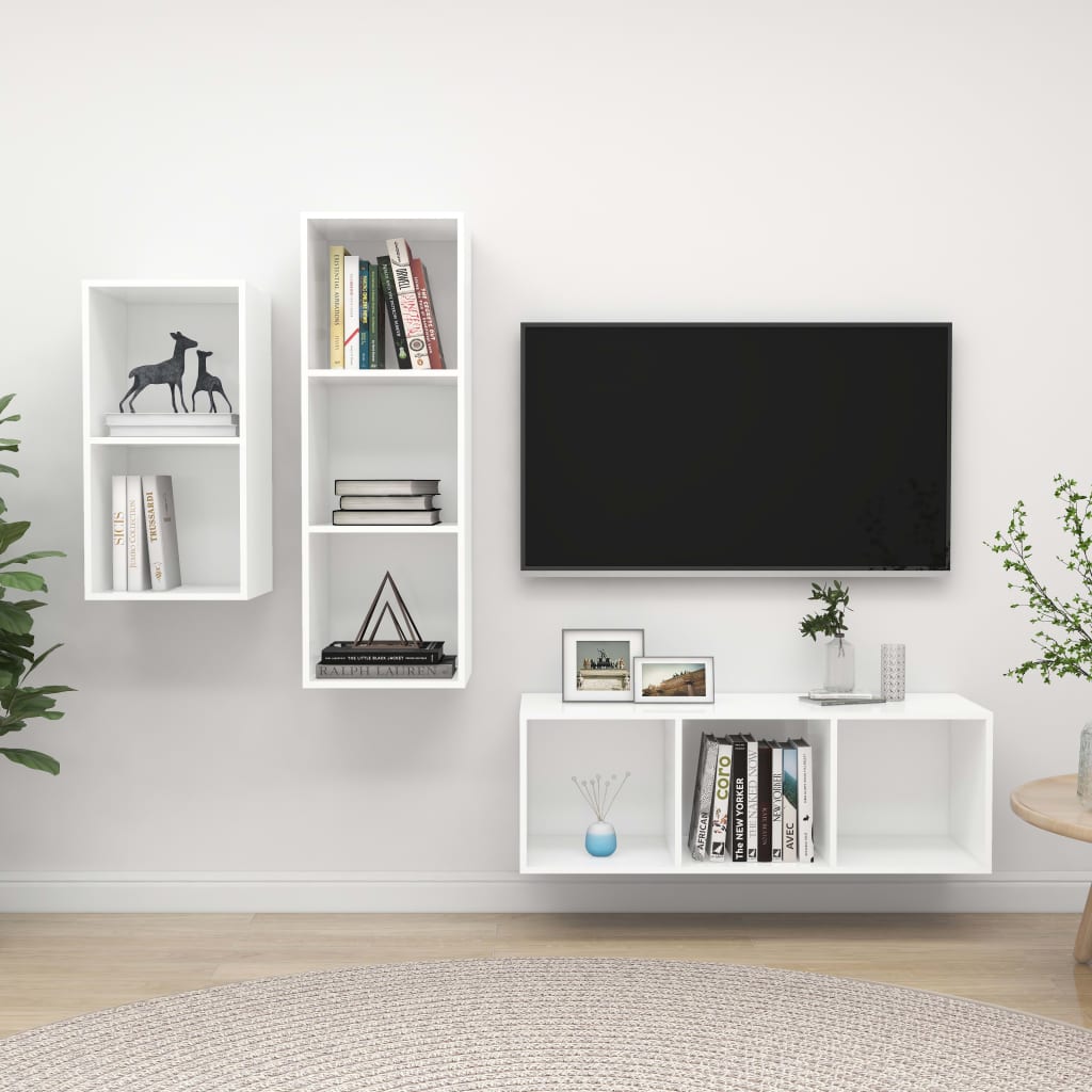 3-osainen TV-kaappisarja valkoinen lastulevy - Sisustajankoti.fi