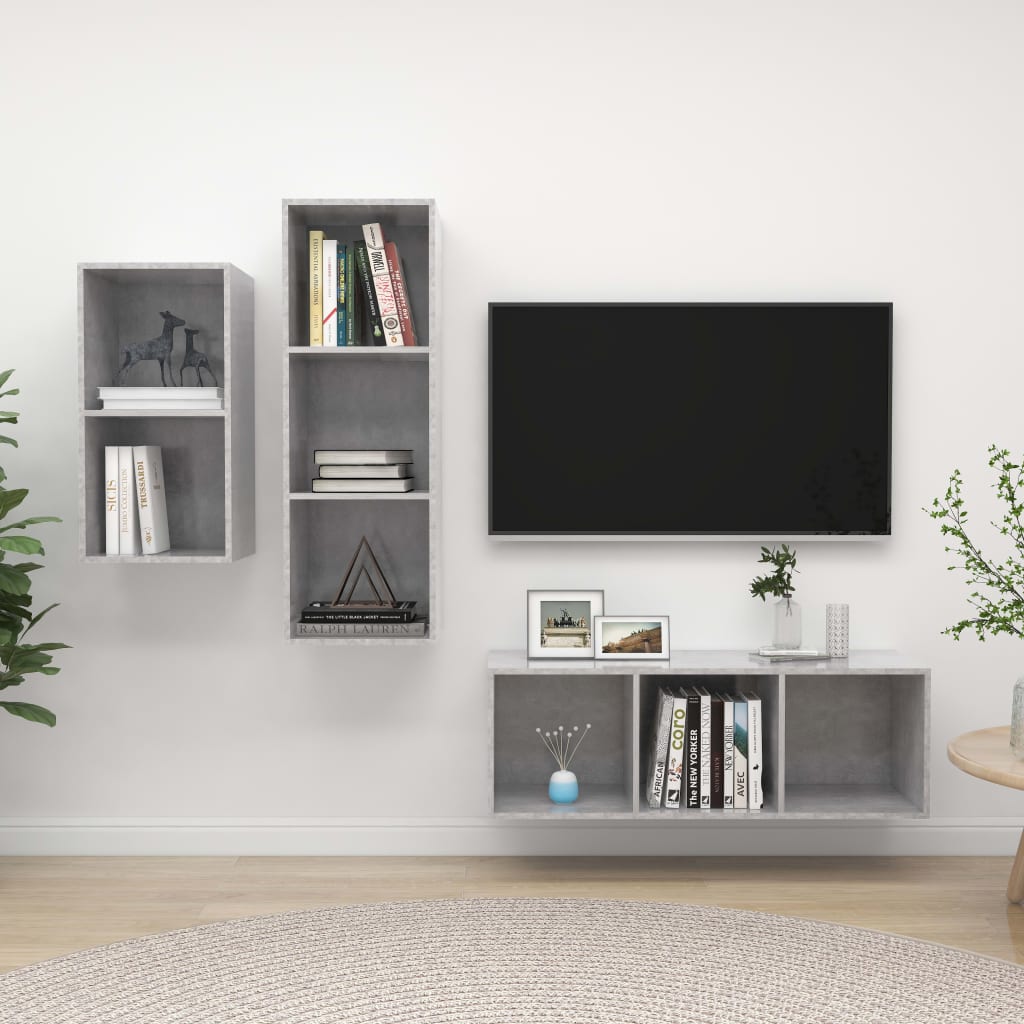 3-osainen TV-kaappisarja betoninharmaa lastulevy - Sisustajankoti.fi