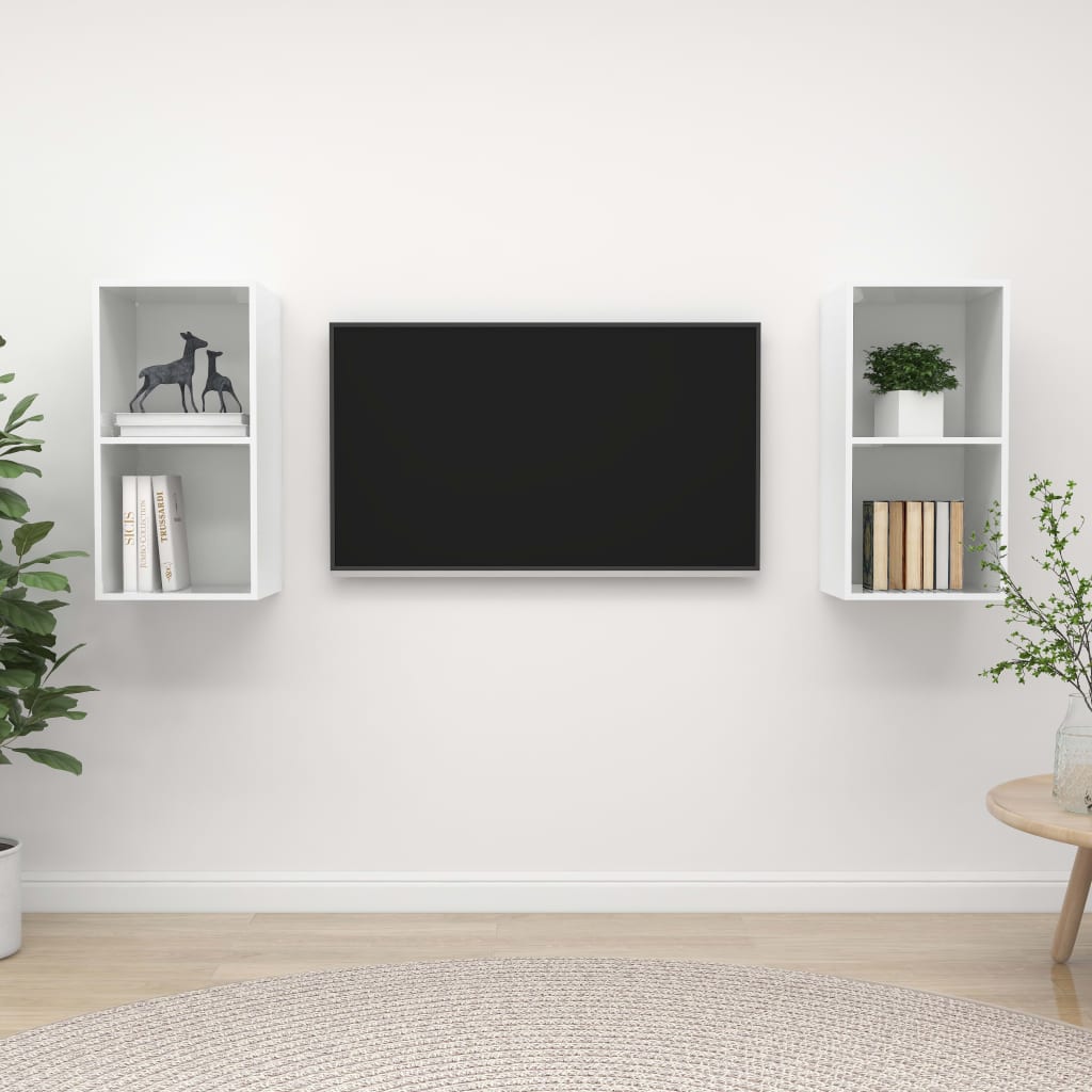 Seinäkiinnitettävät TV-tasot 2 kpl korkeakiilto valk. lastulevy - Sisustajankoti.fi