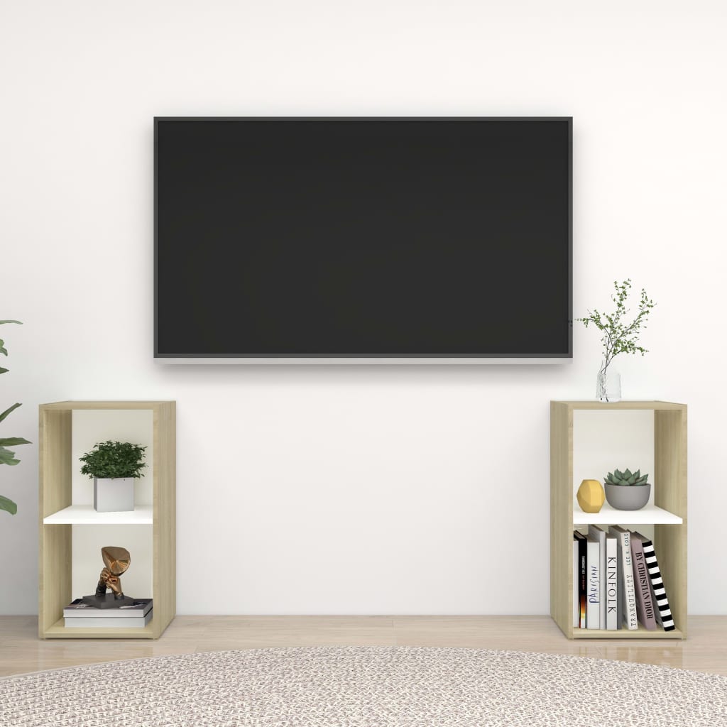TV-tasot 2 kpl valkoinen/Sonoma-tammi 72x35x36,5 cm lastulevy - Sisustajankoti.fi