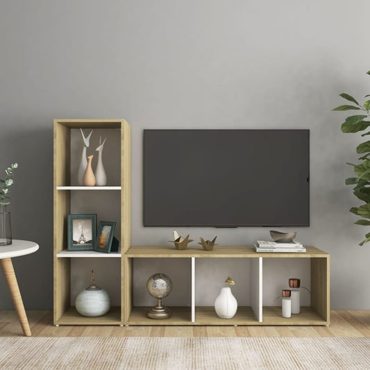 TV-tasot 2 kpl valkoinen/Sonoma-tammi 107x35x37 cm lastulevy - Sisustajankoti.fi