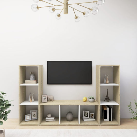 TV-tasot 3 kpl valkoinen/Sonoma-tammi 107x35x37 cm lastulevy - Sisustajankoti.fi