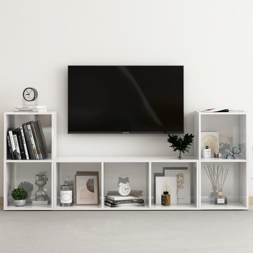3-osainen TV-kaappisarja korkeakiilto valkoinen lastulevy - Sisustajankoti.fi
