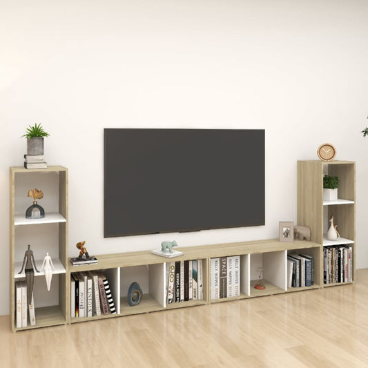 TV-tasot 4 kpl valkoinen/Sonoma-tammi 107x35x37 cm lastulevy - Sisustajankoti.fi