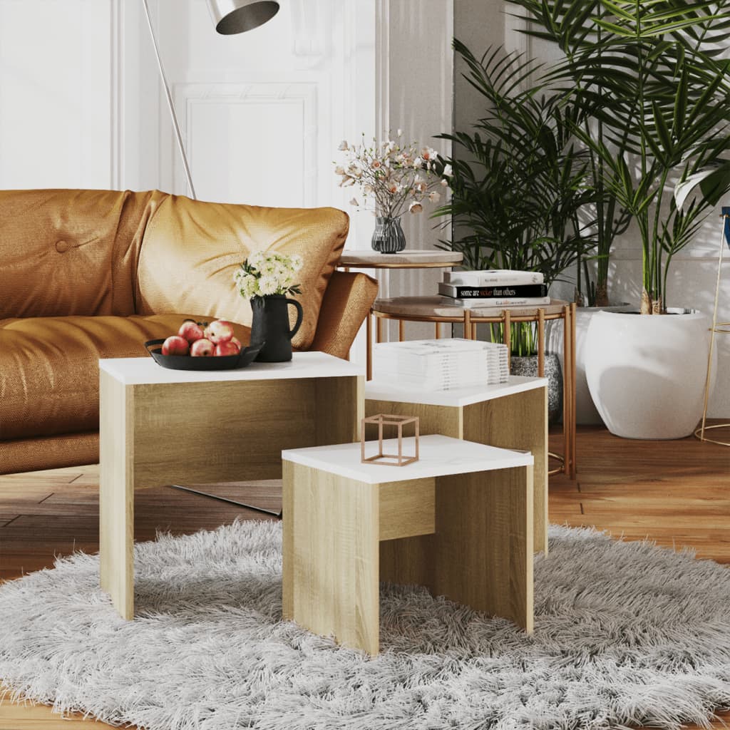Sarjasohvapöydät 3 kpl valkoinen ja Sonoma-tammi lastulevy - Sisustajankoti.fi