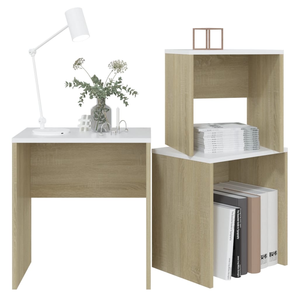 Sarjasohvapöydät 3 kpl valkoinen ja Sonoma-tammi lastulevy - Sisustajankoti.fi