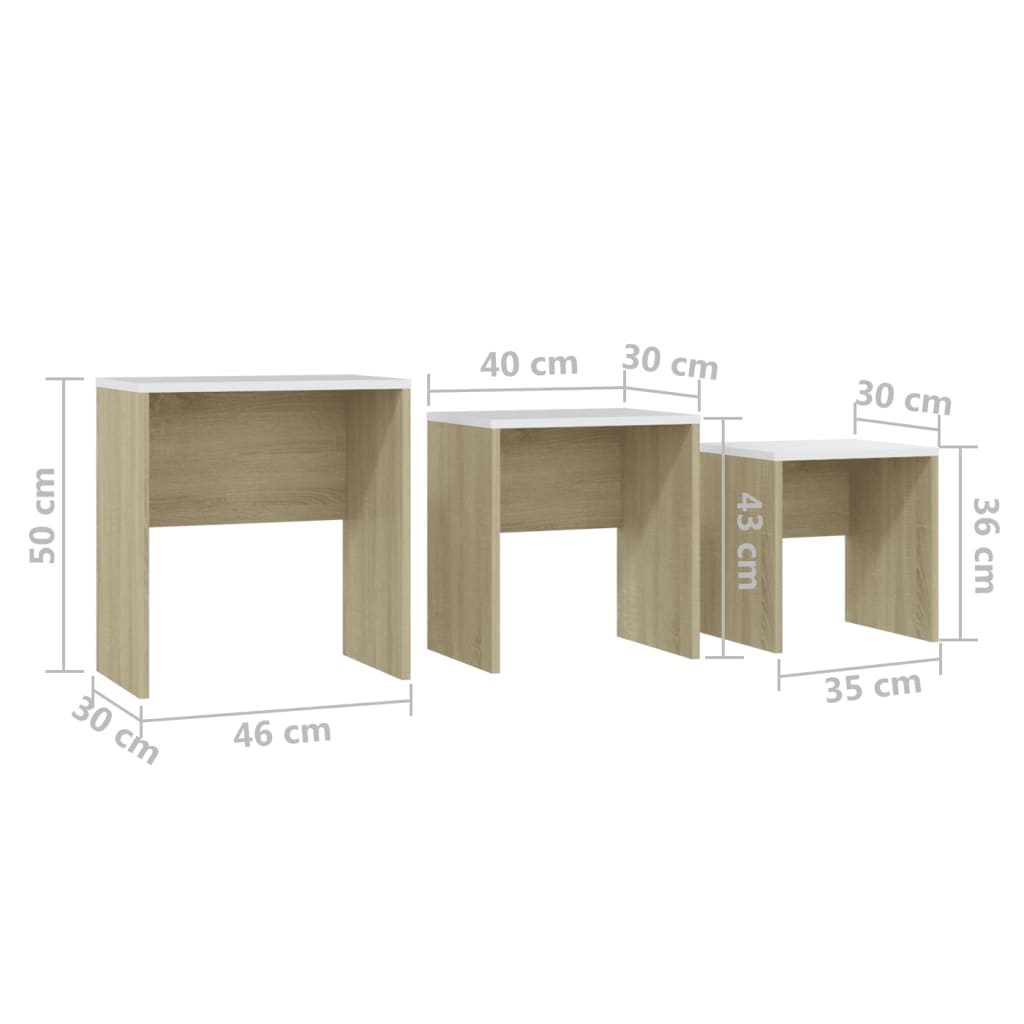Sarjasohvapöydät 3 kpl valkoinen ja Sonoma-tammi lastulevy - Sisustajankoti.fi